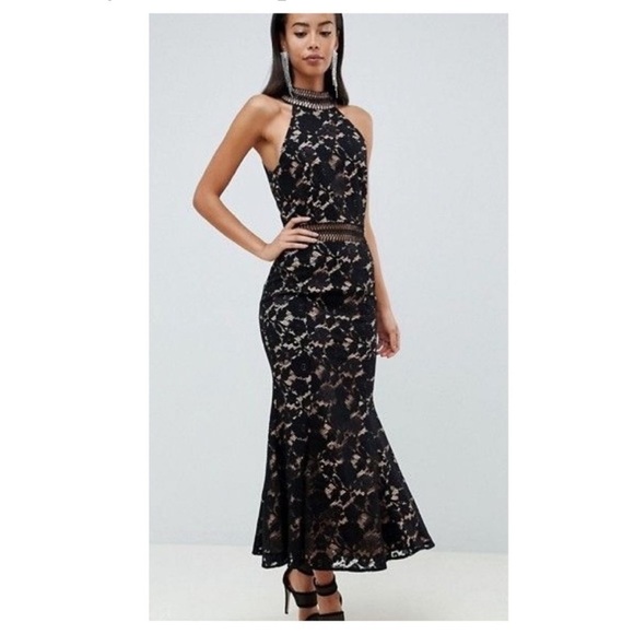 Jarlo Audrey Black Sheer Lace Crochet Halter Maxi Dress High Neck - Picture 1 of 16